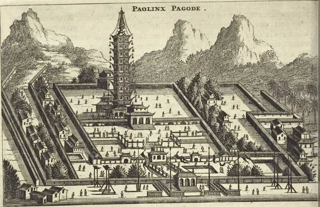 An illustration from Het gezandtschap der Neêrlandtsche Oost-Indische Compagnie, aan den grooten Tartarischen Cham, den tegenwoordigen keizer van China : waar in de gedenkwaerdigste geschiedenissen, die onder het reizen door de Sineesche landtschappen, Quantung, Kiangsi, Nanking, Xantung en Peking, en aan het keizerlyke hof te Peking, zedert den jaare 1655 tot 1657 zyn voorgevallen, op het bondigste verhandelt worden : beneffens een naauwkeurige beschryvinge der Sineesche steden, dorpen, regeering, weetenschappen, handwerken, zeden, godsdiensten, gebouwen, drachten, scheepen, bergen, gewaffen, dieren, &c. en oorlogen tegen de Tarters : verçiert met over de 150 afbeeldtsels, na 't leven in Sina, 1693, leaf 203