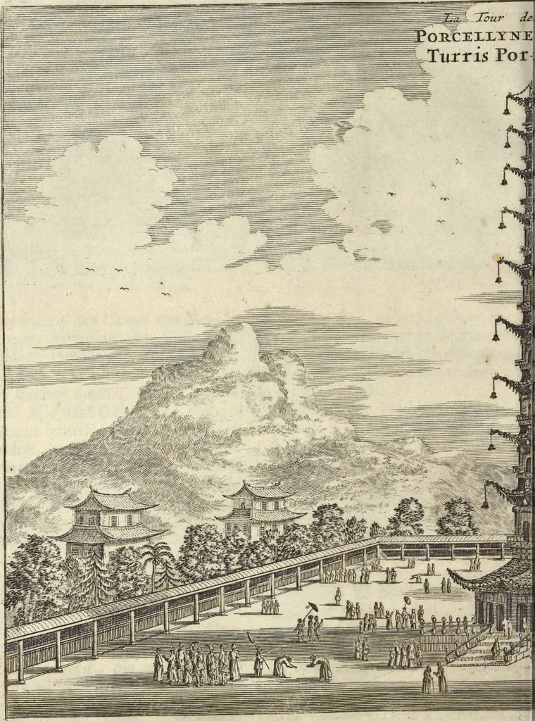 An illustration from Het gezandtschap der Neêrlandtsche Oost-Indische Compagnie, aan den grooten Tartarischen Cham, den tegenwoordigen keizer van China : waar in de gedenkwaerdigste geschiedenissen, die onder het reizen door de Sineesche landtschappen, Quantung, Kiangsi, Nanking, Xantung en Peking, en aan het keizerlyke hof te Peking, zedert den jaare 1655 tot 1657 zyn voorgevallen, op het bondigste verhandelt worden : beneffens een naauwkeurige beschryvinge der Sineesche steden, dorpen, regeering, weetenschappen, handwerken, zeden, godsdiensten, gebouwen, drachten, scheepen, bergen, gewaffen, dieren, &c. en oorlogen tegen de Tarters : verçiert met over de 150 afbeeldtsels, na 't leven in Sina, 1693, leaf 205