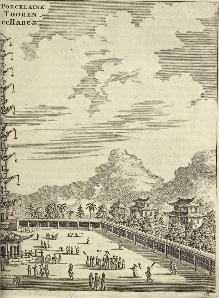 An illustration from Het gezandtschap der Neêrlandtsche Oost-Indische Compagnie, aan den grooten Tartarischen Cham, den tegenwoordigen keizer van China : waar in de gedenkwaerdigste geschiedenissen, die onder het reizen door de Sineesche landtschappen, Quantung, Kiangsi, Nanking, Xantung en Peking, en aan het keizerlyke hof te Peking, zedert den jaare 1655 tot 1657 zyn voorgevallen, op het bondigste verhandelt worden : beneffens een naauwkeurige beschryvinge der Sineesche steden, dorpen, regeering, weetenschappen, handwerken, zeden, godsdiensten, gebouwen, drachten, scheepen, bergen, gewaffen, dieren, &c. en oorlogen tegen de Tarters : verçiert met over de 150 afbeeldtsels, na 't leven in Sina, 1693, leaf 206