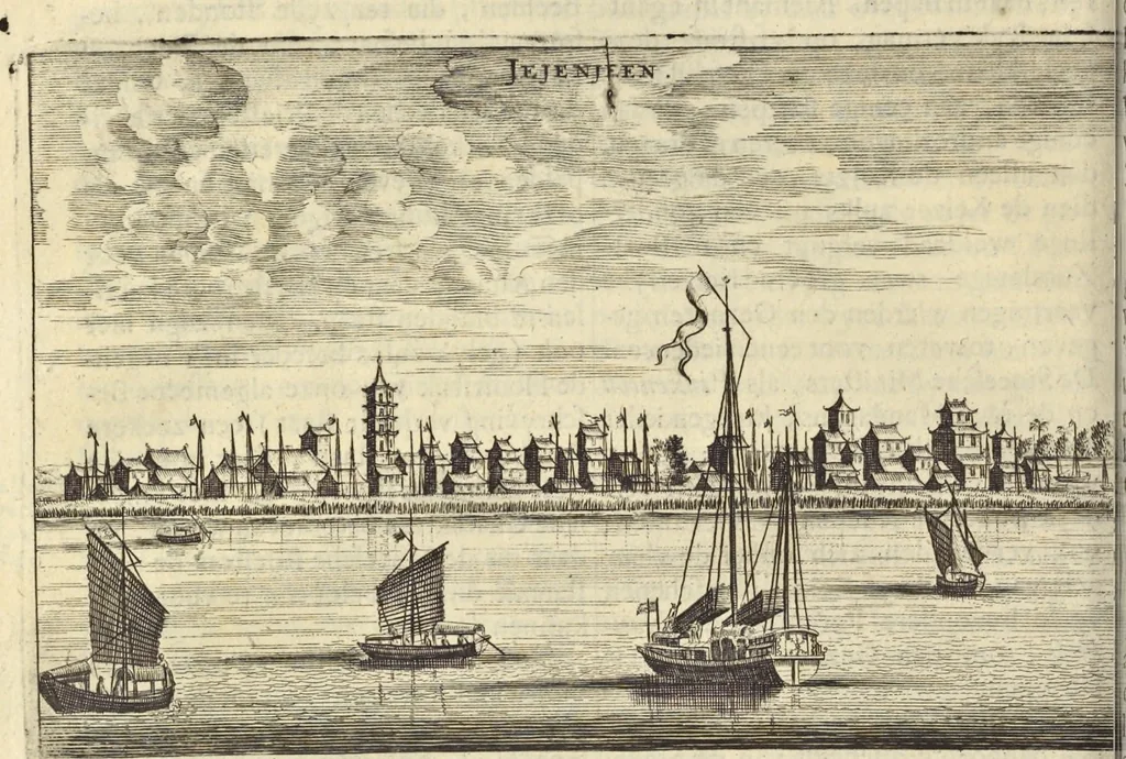 An illustration from Het gezandtschap der Neêrlandtsche Oost-Indische Compagnie, aan den grooten Tartarischen Cham, den tegenwoordigen keizer van China : waar in de gedenkwaerdigste geschiedenissen, die onder het reizen door de Sineesche landtschappen, Quantung, Kiangsi, Nanking, Xantung en Peking, en aan het keizerlyke hof te Peking, zedert den jaare 1655 tot 1657 zyn voorgevallen, op het bondigste verhandelt worden : beneffens een naauwkeurige beschryvinge der Sineesche steden, dorpen, regeering, weetenschappen, handwerken, zeden, godsdiensten, gebouwen, drachten, scheepen, bergen, gewaffen, dieren, &c. en oorlogen tegen de Tarters : verçiert met over de 150 afbeeldtsels, na 't leven in Sina, 1693, leaf 211