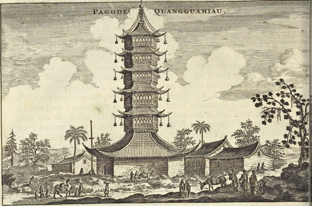 An illustration from Het gezandtschap der Neêrlandtsche Oost-Indische Compagnie, aan den grooten Tartarischen Cham, den tegenwoordigen keizer van China : waar in de gedenkwaerdigste geschiedenissen, die onder het reizen door de Sineesche landtschappen, Quantung, Kiangsi, Nanking, Xantung en Peking, en aan het keizerlyke hof te Peking, zedert den jaare 1655 tot 1657 zyn voorgevallen, op het bondigste verhandelt worden : beneffens een naauwkeurige beschryvinge der Sineesche steden, dorpen, regeering, weetenschappen, handwerken, zeden, godsdiensten, gebouwen, drachten, scheepen, bergen, gewaffen, dieren, &c. en oorlogen tegen de Tarters : verçiert met over de 150 afbeeldtsels, na 't leven in Sina, 1693, leaf 213