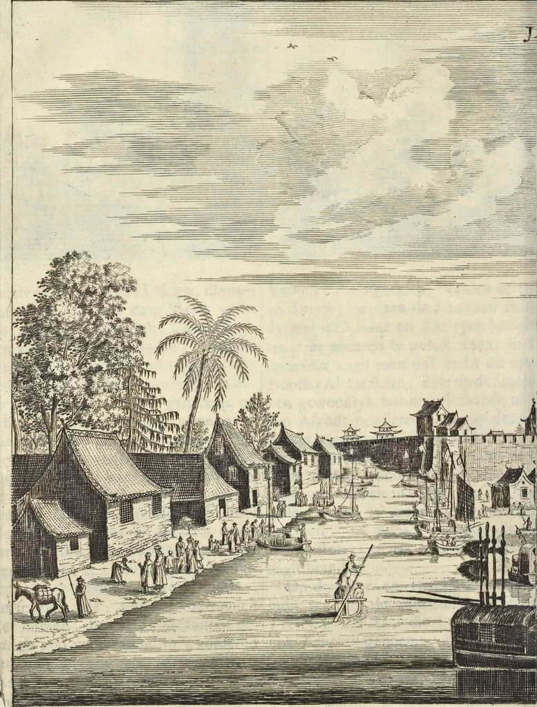 An illustration from Het gezandtschap der Neêrlandtsche Oost-Indische Compagnie, aan den grooten Tartarischen Cham, den tegenwoordigen keizer van China : waar in de gedenkwaerdigste geschiedenissen, die onder het reizen door de Sineesche landtschappen, Quantung, Kiangsi, Nanking, Xantung en Peking, en aan het keizerlyke hof te Peking, zedert den jaare 1655 tot 1657 zyn voorgevallen, op het bondigste verhandelt worden : beneffens een naauwkeurige beschryvinge der Sineesche steden, dorpen, regeering, weetenschappen, handwerken, zeden, godsdiensten, gebouwen, drachten, scheepen, bergen, gewaffen, dieren, &c. en oorlogen tegen de Tarters : verçiert met over de 150 afbeeldtsels, na 't leven in Sina, 1693, leaf 215
