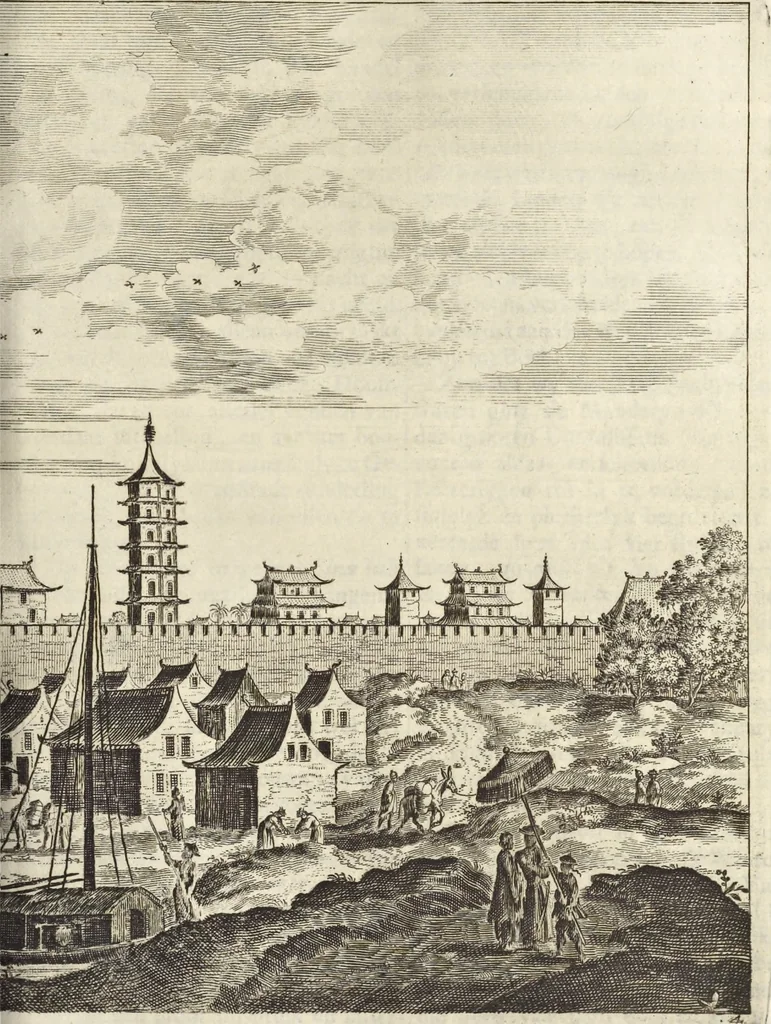 An illustration from Het gezandtschap der Neêrlandtsche Oost-Indische Compagnie, aan den grooten Tartarischen Cham, den tegenwoordigen keizer van China : waar in de gedenkwaerdigste geschiedenissen, die onder het reizen door de Sineesche landtschappen, Quantung, Kiangsi, Nanking, Xantung en Peking, en aan het keizerlyke hof te Peking, zedert den jaare 1655 tot 1657 zyn voorgevallen, op het bondigste verhandelt worden : beneffens een naauwkeurige beschryvinge der Sineesche steden, dorpen, regeering, weetenschappen, handwerken, zeden, godsdiensten, gebouwen, drachten, scheepen, bergen, gewaffen, dieren, &c. en oorlogen tegen de Tarters : verçiert met over de 150 afbeeldtsels, na 't leven in Sina, 1693, leaf 216