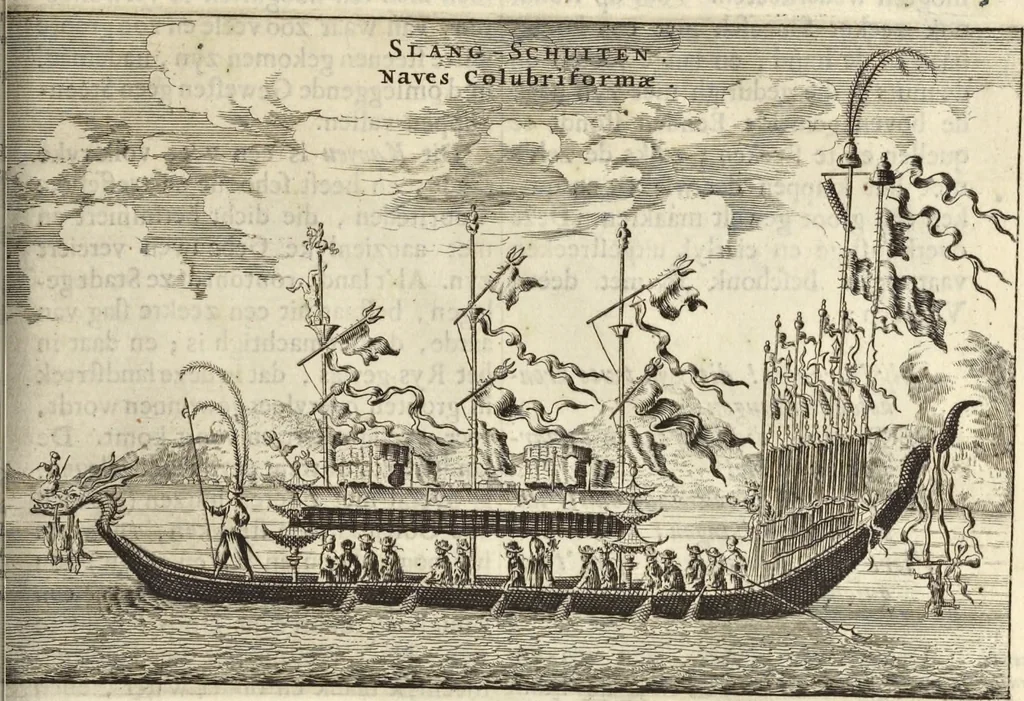 An illustration from Het gezandtschap der Neêrlandtsche Oost-Indische Compagnie, aan den grooten Tartarischen Cham, den tegenwoordigen keizer van China : waar in de gedenkwaerdigste geschiedenissen, die onder het reizen door de Sineesche landtschappen, Quantung, Kiangsi, Nanking, Xantung en Peking, en aan het keizerlyke hof te Peking, zedert den jaare 1655 tot 1657 zyn voorgevallen, op het bondigste verhandelt worden : beneffens een naauwkeurige beschryvinge der Sineesche steden, dorpen, regeering, weetenschappen, handwerken, zeden, godsdiensten, gebouwen, drachten, scheepen, bergen, gewaffen, dieren, &c. en oorlogen tegen de Tarters : verçiert met over de 150 afbeeldtsels, na 't leven in Sina, 1693, leaf 220