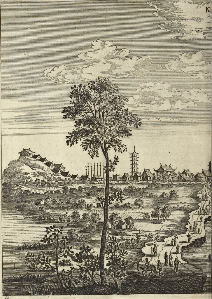 An illustration from Het gezandtschap der Neêrlandtsche Oost-Indische Compagnie, aan den grooten Tartarischen Cham, den tegenwoordigen keizer van China : waar in de gedenkwaerdigste geschiedenissen, die onder het reizen door de Sineesche landtschappen, Quantung, Kiangsi, Nanking, Xantung en Peking, en aan het keizerlyke hof te Peking, zedert den jaare 1655 tot 1657 zyn voorgevallen, op het bondigste verhandelt worden : beneffens een naauwkeurige beschryvinge der Sineesche steden, dorpen, regeering, weetenschappen, handwerken, zeden, godsdiensten, gebouwen, drachten, scheepen, bergen, gewaffen, dieren, &c. en oorlogen tegen de Tarters : verçiert met over de 150 afbeeldtsels, na 't leven in Sina, 1693, leaf 223