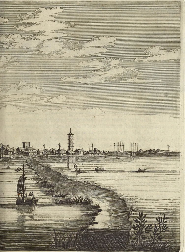An illustration from Het gezandtschap der Neêrlandtsche Oost-Indische Compagnie, aan den grooten Tartarischen Cham, den tegenwoordigen keizer van China : waar in de gedenkwaerdigste geschiedenissen, die onder het reizen door de Sineesche landtschappen, Quantung, Kiangsi, Nanking, Xantung en Peking, en aan het keizerlyke hof te Peking, zedert den jaare 1655 tot 1657 zyn voorgevallen, op het bondigste verhandelt worden : beneffens een naauwkeurige beschryvinge der Sineesche steden, dorpen, regeering, weetenschappen, handwerken, zeden, godsdiensten, gebouwen, drachten, scheepen, bergen, gewaffen, dieren, &c. en oorlogen tegen de Tarters : verçiert met over de 150 afbeeldtsels, na 't leven in Sina, 1693, leaf 224