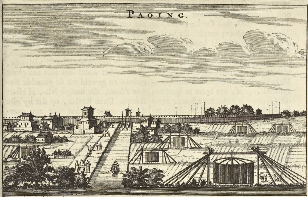 An illustration from Het gezandtschap der Neêrlandtsche Oost-Indische Compagnie, aan den grooten Tartarischen Cham, den tegenwoordigen keizer van China : waar in de gedenkwaerdigste geschiedenissen, die onder het reizen door de Sineesche landtschappen, Quantung, Kiangsi, Nanking, Xantung en Peking, en aan het keizerlyke hof te Peking, zedert den jaare 1655 tot 1657 zyn voorgevallen, op het bondigste verhandelt worden : beneffens een naauwkeurige beschryvinge der Sineesche steden, dorpen, regeering, weetenschappen, handwerken, zeden, godsdiensten, gebouwen, drachten, scheepen, bergen, gewaffen, dieren, &c. en oorlogen tegen de Tarters : verçiert met over de 150 afbeeldtsels, na 't leven in Sina, 1693, leaf 226