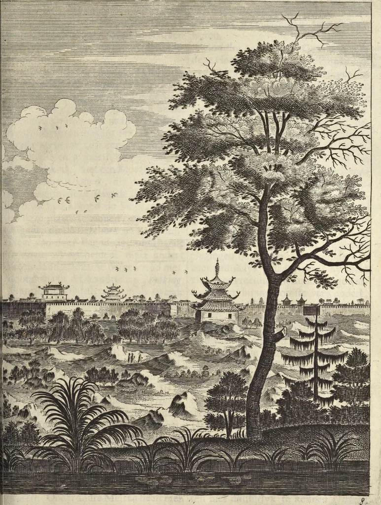 An illustration from Het gezandtschap der Neêrlandtsche Oost-Indische Compagnie, aan den grooten Tartarischen Cham, den tegenwoordigen keizer van China : waar in de gedenkwaerdigste geschiedenissen, die onder het reizen door de Sineesche landtschappen, Quantung, Kiangsi, Nanking, Xantung en Peking, en aan het keizerlyke hof te Peking, zedert den jaare 1655 tot 1657 zyn voorgevallen, op het bondigste verhandelt worden : beneffens een naauwkeurige beschryvinge der Sineesche steden, dorpen, regeering, weetenschappen, handwerken, zeden, godsdiensten, gebouwen, drachten, scheepen, bergen, gewaffen, dieren, &c. en oorlogen tegen de Tarters : verçiert met over de 150 afbeeldtsels, na 't leven in Sina, 1693, leaf 230