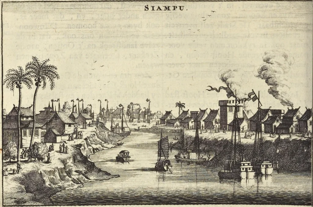An illustration from Het gezandtschap der Neêrlandtsche Oost-Indische Compagnie, aan den grooten Tartarischen Cham, den tegenwoordigen keizer van China : waar in de gedenkwaerdigste geschiedenissen, die onder het reizen door de Sineesche landtschappen, Quantung, Kiangsi, Nanking, Xantung en Peking, en aan het keizerlyke hof te Peking, zedert den jaare 1655 tot 1657 zyn voorgevallen, op het bondigste verhandelt worden : beneffens een naauwkeurige beschryvinge der Sineesche steden, dorpen, regeering, weetenschappen, handwerken, zeden, godsdiensten, gebouwen, drachten, scheepen, bergen, gewaffen, dieren, &c. en oorlogen tegen de Tarters : verçiert met over de 150 afbeeldtsels, na 't leven in Sina, 1693, leaf 233