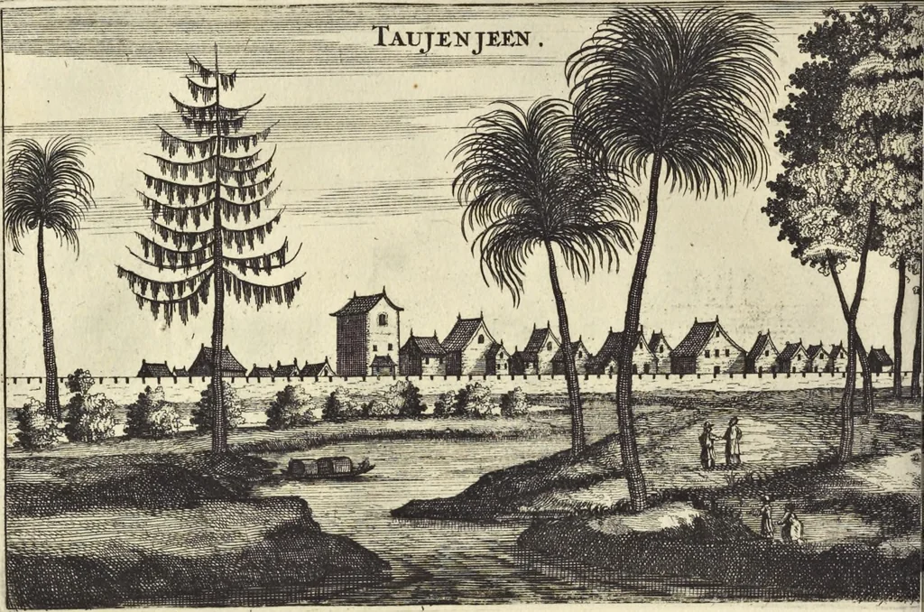 An illustration from Het gezandtschap der Neêrlandtsche Oost-Indische Compagnie, aan den grooten Tartarischen Cham, den tegenwoordigen keizer van China : waar in de gedenkwaerdigste geschiedenissen, die onder het reizen door de Sineesche landtschappen, Quantung, Kiangsi, Nanking, Xantung en Peking, en aan het keizerlyke hof te Peking, zedert den jaare 1655 tot 1657 zyn voorgevallen, op het bondigste verhandelt worden : beneffens een naauwkeurige beschryvinge der Sineesche steden, dorpen, regeering, weetenschappen, handwerken, zeden, godsdiensten, gebouwen, drachten, scheepen, bergen, gewaffen, dieren, &c. en oorlogen tegen de Tarters : verçiert met over de 150 afbeeldtsels, na 't leven in Sina, 1693, leaf 235