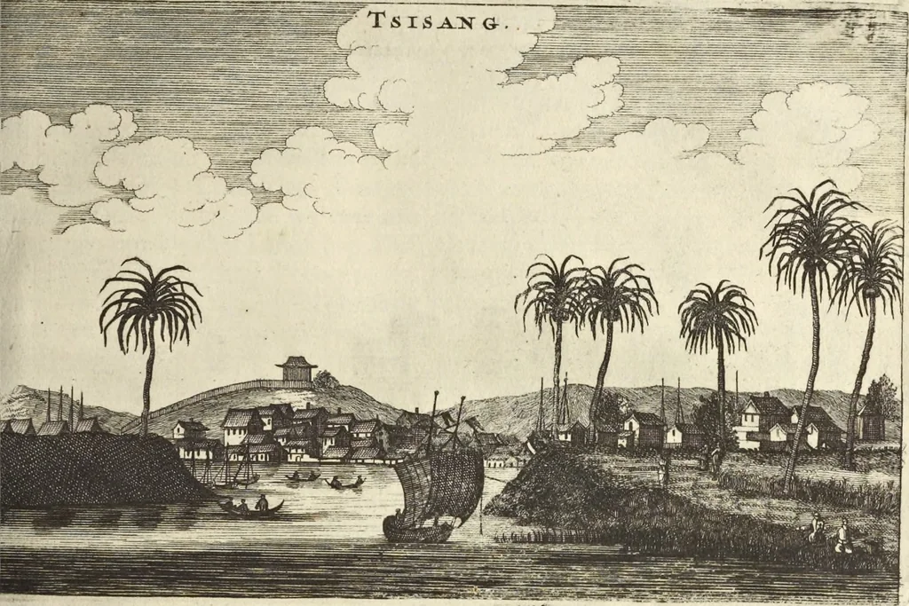 An illustration from Het gezandtschap der Neêrlandtsche Oost-Indische Compagnie, aan den grooten Tartarischen Cham, den tegenwoordigen keizer van China : waar in de gedenkwaerdigste geschiedenissen, die onder het reizen door de Sineesche landtschappen, Quantung, Kiangsi, Nanking, Xantung en Peking, en aan het keizerlyke hof te Peking, zedert den jaare 1655 tot 1657 zyn voorgevallen, op het bondigste verhandelt worden : beneffens een naauwkeurige beschryvinge der Sineesche steden, dorpen, regeering, weetenschappen, handwerken, zeden, godsdiensten, gebouwen, drachten, scheepen, bergen, gewaffen, dieren, &c. en oorlogen tegen de Tarters : verçiert met over de 150 afbeeldtsels, na 't leven in Sina, 1693, leaf 236