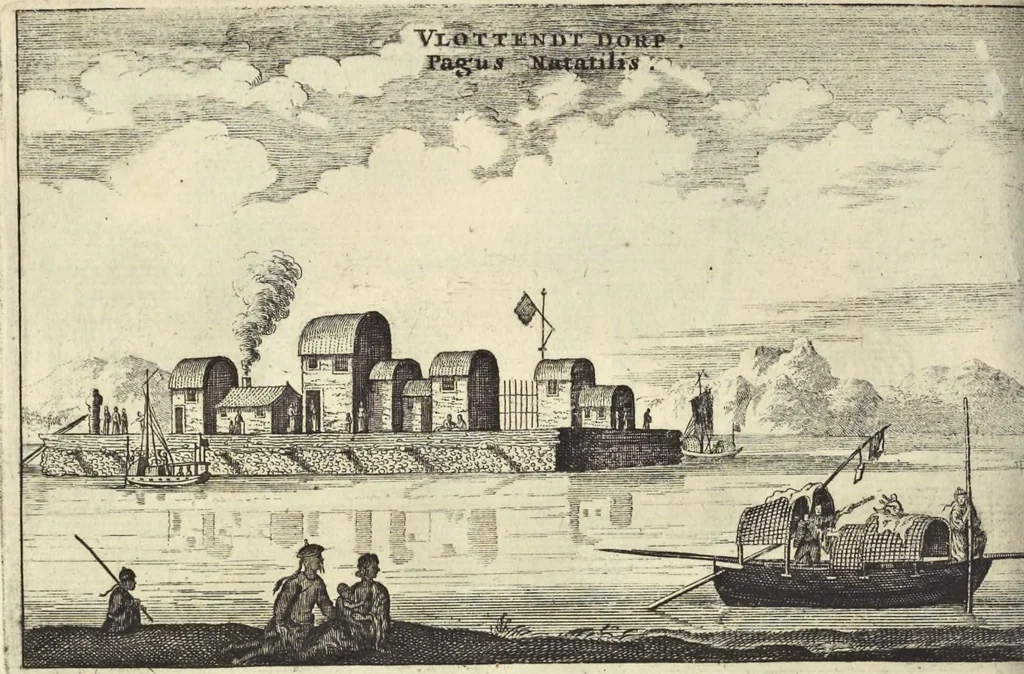 An illustration from Het gezandtschap der Neêrlandtsche Oost-Indische Compagnie, aan den grooten Tartarischen Cham, den tegenwoordigen keizer van China : waar in de gedenkwaerdigste geschiedenissen, die onder het reizen door de Sineesche landtschappen, Quantung, Kiangsi, Nanking, Xantung en Peking, en aan het keizerlyke hof te Peking, zedert den jaare 1655 tot 1657 zyn voorgevallen, op het bondigste verhandelt worden : beneffens een naauwkeurige beschryvinge der Sineesche steden, dorpen, regeering, weetenschappen, handwerken, zeden, godsdiensten, gebouwen, drachten, scheepen, bergen, gewaffen, dieren, &c. en oorlogen tegen de Tarters : verçiert met over de 150 afbeeldtsels, na 't leven in Sina, 1693, leaf 237