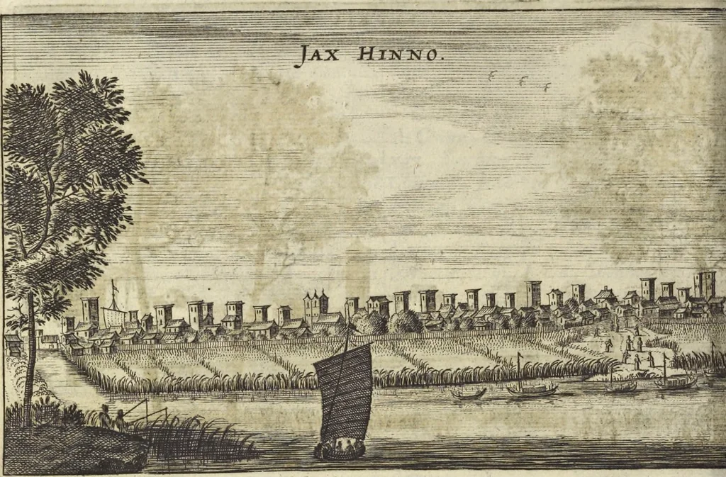 An illustration from Het gezandtschap der Neêrlandtsche Oost-Indische Compagnie, aan den grooten Tartarischen Cham, den tegenwoordigen keizer van China : waar in de gedenkwaerdigste geschiedenissen, die onder het reizen door de Sineesche landtschappen, Quantung, Kiangsi, Nanking, Xantung en Peking, en aan het keizerlyke hof te Peking, zedert den jaare 1655 tot 1657 zyn voorgevallen, op het bondigste verhandelt worden : beneffens een naauwkeurige beschryvinge der Sineesche steden, dorpen, regeering, weetenschappen, handwerken, zeden, godsdiensten, gebouwen, drachten, scheepen, bergen, gewaffen, dieren, &c. en oorlogen tegen de Tarters : verçiert met over de 150 afbeeldtsels, na 't leven in Sina, 1693, leaf 241