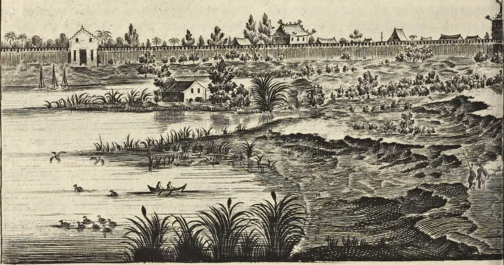 An illustration from Het gezandtschap der Neêrlandtsche Oost-Indische Compagnie, aan den grooten Tartarischen Cham, den tegenwoordigen keizer van China : waar in de gedenkwaerdigste geschiedenissen, die onder het reizen door de Sineesche landtschappen, Quantung, Kiangsi, Nanking, Xantung en Peking, en aan het keizerlyke hof te Peking, zedert den jaare 1655 tot 1657 zyn voorgevallen, op het bondigste verhandelt worden : beneffens een naauwkeurige beschryvinge der Sineesche steden, dorpen, regeering, weetenschappen, handwerken, zeden, godsdiensten, gebouwen, drachten, scheepen, bergen, gewaffen, dieren, &c. en oorlogen tegen de Tarters : verçiert met over de 150 afbeeldtsels, na 't leven in Sina, 1693, leaf 247