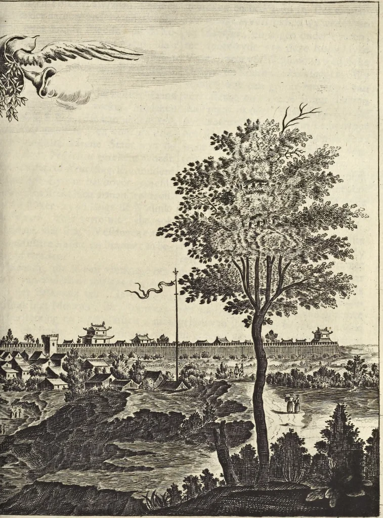 An illustration from Het gezandtschap der Neêrlandtsche Oost-Indische Compagnie, aan den grooten Tartarischen Cham, den tegenwoordigen keizer van China : waar in de gedenkwaerdigste geschiedenissen, die onder het reizen door de Sineesche landtschappen, Quantung, Kiangsi, Nanking, Xantung en Peking, en aan het keizerlyke hof te Peking, zedert den jaare 1655 tot 1657 zyn voorgevallen, op het bondigste verhandelt worden : beneffens een naauwkeurige beschryvinge der Sineesche steden, dorpen, regeering, weetenschappen, handwerken, zeden, godsdiensten, gebouwen, drachten, scheepen, bergen, gewaffen, dieren, &c. en oorlogen tegen de Tarters : verçiert met over de 150 afbeeldtsels, na 't leven in Sina, 1693, leaf 248