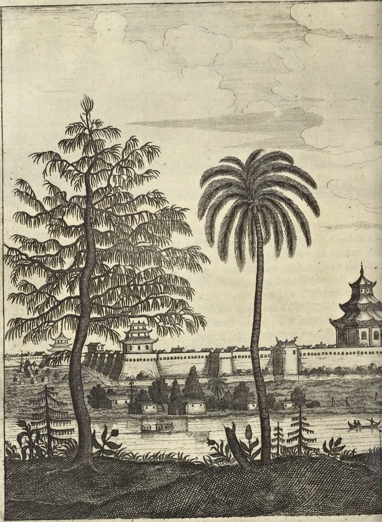 An illustration from Het gezandtschap der Neêrlandtsche Oost-Indische Compagnie, aan den grooten Tartarischen Cham, den tegenwoordigen keizer van China : waar in de gedenkwaerdigste geschiedenissen, die onder het reizen door de Sineesche landtschappen, Quantung, Kiangsi, Nanking, Xantung en Peking, en aan het keizerlyke hof te Peking, zedert den jaare 1655 tot 1657 zyn voorgevallen, op het bondigste verhandelt worden : beneffens een naauwkeurige beschryvinge der Sineesche steden, dorpen, regeering, weetenschappen, handwerken, zeden, godsdiensten, gebouwen, drachten, scheepen, bergen, gewaffen, dieren, &c. en oorlogen tegen de Tarters : verçiert met over de 150 afbeeldtsels, na 't leven in Sina, 1693, leaf 253