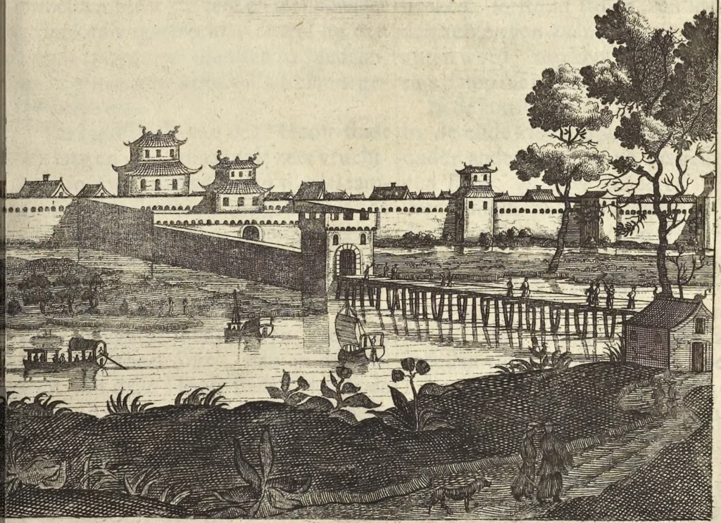 An illustration from Het gezandtschap der Neêrlandtsche Oost-Indische Compagnie, aan den grooten Tartarischen Cham, den tegenwoordigen keizer van China : waar in de gedenkwaerdigste geschiedenissen, die onder het reizen door de Sineesche landtschappen, Quantung, Kiangsi, Nanking, Xantung en Peking, en aan het keizerlyke hof te Peking, zedert den jaare 1655 tot 1657 zyn voorgevallen, op het bondigste verhandelt worden : beneffens een naauwkeurige beschryvinge der Sineesche steden, dorpen, regeering, weetenschappen, handwerken, zeden, godsdiensten, gebouwen, drachten, scheepen, bergen, gewaffen, dieren, &c. en oorlogen tegen de Tarters : verçiert met over de 150 afbeeldtsels, na 't leven in Sina, 1693, leaf 254