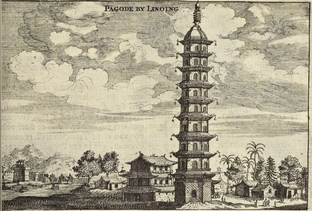 An illustration from Het gezandtschap der Neêrlandtsche Oost-Indische Compagnie, aan den grooten Tartarischen Cham, den tegenwoordigen keizer van China : waar in de gedenkwaerdigste geschiedenissen, die onder het reizen door de Sineesche landtschappen, Quantung, Kiangsi, Nanking, Xantung en Peking, en aan het keizerlyke hof te Peking, zedert den jaare 1655 tot 1657 zyn voorgevallen, op het bondigste verhandelt worden : beneffens een naauwkeurige beschryvinge der Sineesche steden, dorpen, regeering, weetenschappen, handwerken, zeden, godsdiensten, gebouwen, drachten, scheepen, bergen, gewaffen, dieren, &c. en oorlogen tegen de Tarters : verçiert met over de 150 afbeeldtsels, na 't leven in Sina, 1693, leaf 258