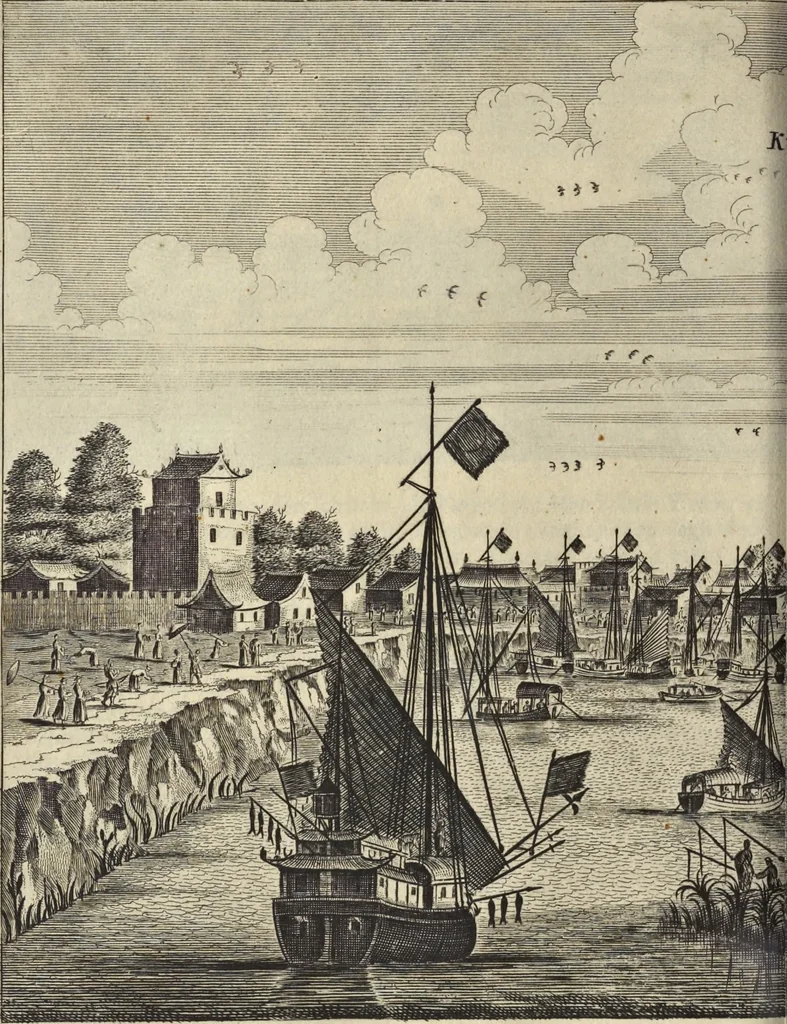 An illustration from Het gezandtschap der Neêrlandtsche Oost-Indische Compagnie, aan den grooten Tartarischen Cham, den tegenwoordigen keizer van China : waar in de gedenkwaerdigste geschiedenissen, die onder het reizen door de Sineesche landtschappen, Quantung, Kiangsi, Nanking, Xantung en Peking, en aan het keizerlyke hof te Peking, zedert den jaare 1655 tot 1657 zyn voorgevallen, op het bondigste verhandelt worden : beneffens een naauwkeurige beschryvinge der Sineesche steden, dorpen, regeering, weetenschappen, handwerken, zeden, godsdiensten, gebouwen, drachten, scheepen, bergen, gewaffen, dieren, &c. en oorlogen tegen de Tarters : verçiert met over de 150 afbeeldtsels, na 't leven in Sina, 1693, leaf 265
