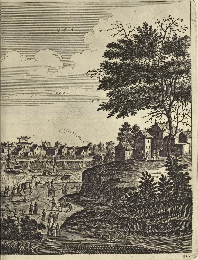 An illustration from Het gezandtschap der Neêrlandtsche Oost-Indische Compagnie, aan den grooten Tartarischen Cham, den tegenwoordigen keizer van China : waar in de gedenkwaerdigste geschiedenissen, die onder het reizen door de Sineesche landtschappen, Quantung, Kiangsi, Nanking, Xantung en Peking, en aan het keizerlyke hof te Peking, zedert den jaare 1655 tot 1657 zyn voorgevallen, op het bondigste verhandelt worden : beneffens een naauwkeurige beschryvinge der Sineesche steden, dorpen, regeering, weetenschappen, handwerken, zeden, godsdiensten, gebouwen, drachten, scheepen, bergen, gewaffen, dieren, &c. en oorlogen tegen de Tarters : verçiert met over de 150 afbeeldtsels, na 't leven in Sina, 1693, leaf 266