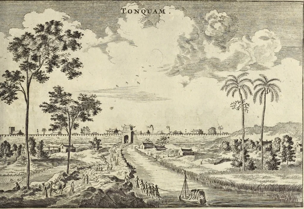 An illustration from Het gezandtschap der Neêrlandtsche Oost-Indische Compagnie, aan den grooten Tartarischen Cham, den tegenwoordigen keizer van China : waar in de gedenkwaerdigste geschiedenissen, die onder het reizen door de Sineesche landtschappen, Quantung, Kiangsi, Nanking, Xantung en Peking, en aan het keizerlyke hof te Peking, zedert den jaare 1655 tot 1657 zyn voorgevallen, op het bondigste verhandelt worden : beneffens een naauwkeurige beschryvinge der Sineesche steden, dorpen, regeering, weetenschappen, handwerken, zeden, godsdiensten, gebouwen, drachten, scheepen, bergen, gewaffen, dieren, &c. en oorlogen tegen de Tarters : verçiert met over de 150 afbeeldtsels, na 't leven in Sina, 1693, leaf 268