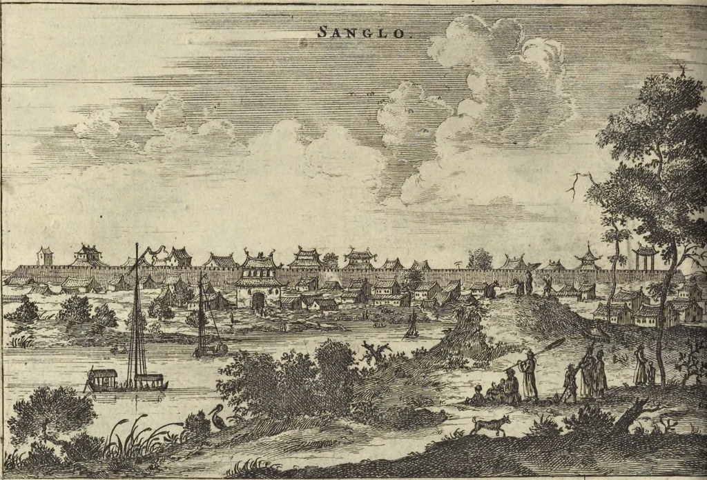 An illustration from Het gezandtschap der Neêrlandtsche Oost-Indische Compagnie, aan den grooten Tartarischen Cham, den tegenwoordigen keizer van China : waar in de gedenkwaerdigste geschiedenissen, die onder het reizen door de Sineesche landtschappen, Quantung, Kiangsi, Nanking, Xantung en Peking, en aan het keizerlyke hof te Peking, zedert den jaare 1655 tot 1657 zyn voorgevallen, op het bondigste verhandelt worden : beneffens een naauwkeurige beschryvinge der Sineesche steden, dorpen, regeering, weetenschappen, handwerken, zeden, godsdiensten, gebouwen, drachten, scheepen, bergen, gewaffen, dieren, &c. en oorlogen tegen de Tarters : verçiert met over de 150 afbeeldtsels, na 't leven in Sina, 1693, leaf 269