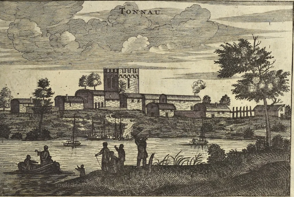 An illustration from Het gezandtschap der Neêrlandtsche Oost-Indische Compagnie, aan den grooten Tartarischen Cham, den tegenwoordigen keizer van China : waar in de gedenkwaerdigste geschiedenissen, die onder het reizen door de Sineesche landtschappen, Quantung, Kiangsi, Nanking, Xantung en Peking, en aan het keizerlyke hof te Peking, zedert den jaare 1655 tot 1657 zyn voorgevallen, op het bondigste verhandelt worden : beneffens een naauwkeurige beschryvinge der Sineesche steden, dorpen, regeering, weetenschappen, handwerken, zeden, godsdiensten, gebouwen, drachten, scheepen, bergen, gewaffen, dieren, &c. en oorlogen tegen de Tarters : verçiert met over de 150 afbeeldtsels, na 't leven in Sina, 1693, leaf 270