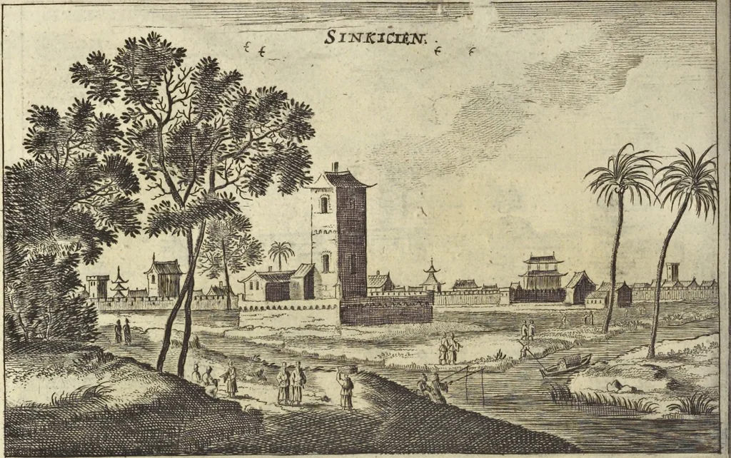 An illustration from Het gezandtschap der Neêrlandtsche Oost-Indische Compagnie, aan den grooten Tartarischen Cham, den tegenwoordigen keizer van China : waar in de gedenkwaerdigste geschiedenissen, die onder het reizen door de Sineesche landtschappen, Quantung, Kiangsi, Nanking, Xantung en Peking, en aan het keizerlyke hof te Peking, zedert den jaare 1655 tot 1657 zyn voorgevallen, op het bondigste verhandelt worden : beneffens een naauwkeurige beschryvinge der Sineesche steden, dorpen, regeering, weetenschappen, handwerken, zeden, godsdiensten, gebouwen, drachten, scheepen, bergen, gewaffen, dieren, &c. en oorlogen tegen de Tarters : verçiert met over de 150 afbeeldtsels, na 't leven in Sina, 1693, leaf 271