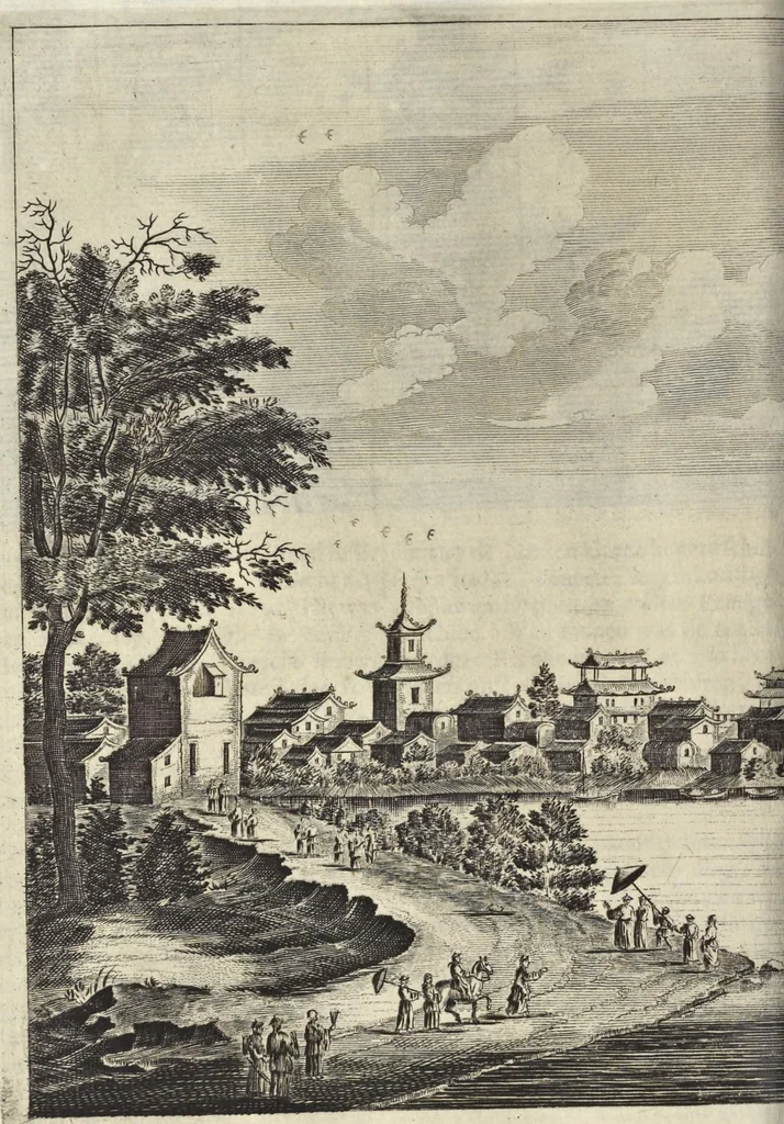 An illustration from Het gezandtschap der Neêrlandtsche Oost-Indische Compagnie, aan den grooten Tartarischen Cham, den tegenwoordigen keizer van China : waar in de gedenkwaerdigste geschiedenissen, die onder het reizen door de Sineesche landtschappen, Quantung, Kiangsi, Nanking, Xantung en Peking, en aan het keizerlyke hof te Peking, zedert den jaare 1655 tot 1657 zyn voorgevallen, op het bondigste verhandelt worden : beneffens een naauwkeurige beschryvinge der Sineesche steden, dorpen, regeering, weetenschappen, handwerken, zeden, godsdiensten, gebouwen, drachten, scheepen, bergen, gewaffen, dieren, &c. en oorlogen tegen de Tarters : verçiert met over de 150 afbeeldtsels, na 't leven in Sina, 1693, leaf 275