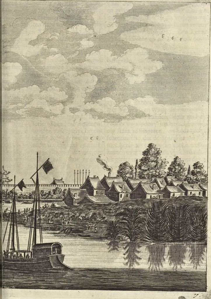 An illustration from Het gezandtschap der Neêrlandtsche Oost-Indische Compagnie, aan den grooten Tartarischen Cham, den tegenwoordigen keizer van China : waar in de gedenkwaerdigste geschiedenissen, die onder het reizen door de Sineesche landtschappen, Quantung, Kiangsi, Nanking, Xantung en Peking, en aan het keizerlyke hof te Peking, zedert den jaare 1655 tot 1657 zyn voorgevallen, op het bondigste verhandelt worden : beneffens een naauwkeurige beschryvinge der Sineesche steden, dorpen, regeering, weetenschappen, handwerken, zeden, godsdiensten, gebouwen, drachten, scheepen, bergen, gewaffen, dieren, &c. en oorlogen tegen de Tarters : verçiert met over de 150 afbeeldtsels, na 't leven in Sina, 1693, leaf 276