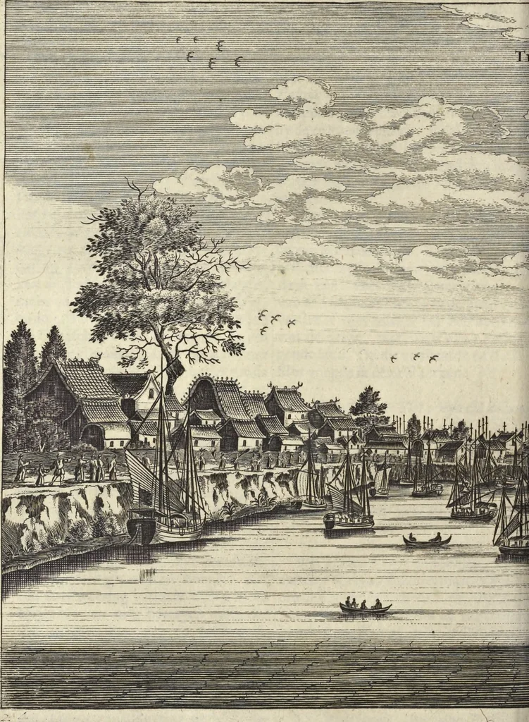 An illustration from Het gezandtschap der Neêrlandtsche Oost-Indische Compagnie, aan den grooten Tartarischen Cham, den tegenwoordigen keizer van China : waar in de gedenkwaerdigste geschiedenissen, die onder het reizen door de Sineesche landtschappen, Quantung, Kiangsi, Nanking, Xantung en Peking, en aan het keizerlyke hof te Peking, zedert den jaare 1655 tot 1657 zyn voorgevallen, op het bondigste verhandelt worden : beneffens een naauwkeurige beschryvinge der Sineesche steden, dorpen, regeering, weetenschappen, handwerken, zeden, godsdiensten, gebouwen, drachten, scheepen, bergen, gewaffen, dieren, &c. en oorlogen tegen de Tarters : verçiert met over de 150 afbeeldtsels, na 't leven in Sina, 1693, leaf 281