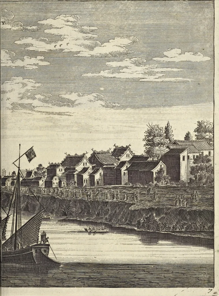 An illustration from Het gezandtschap der Neêrlandtsche Oost-Indische Compagnie, aan den grooten Tartarischen Cham, den tegenwoordigen keizer van China : waar in de gedenkwaerdigste geschiedenissen, die onder het reizen door de Sineesche landtschappen, Quantung, Kiangsi, Nanking, Xantung en Peking, en aan het keizerlyke hof te Peking, zedert den jaare 1655 tot 1657 zyn voorgevallen, op het bondigste verhandelt worden : beneffens een naauwkeurige beschryvinge der Sineesche steden, dorpen, regeering, weetenschappen, handwerken, zeden, godsdiensten, gebouwen, drachten, scheepen, bergen, gewaffen, dieren, &c. en oorlogen tegen de Tarters : verçiert met over de 150 afbeeldtsels, na 't leven in Sina, 1693, leaf 282