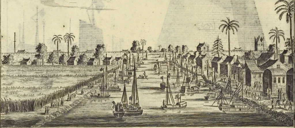 An illustration from Het gezandtschap der Neêrlandtsche Oost-Indische Compagnie, aan den grooten Tartarischen Cham, den tegenwoordigen keizer van China : waar in de gedenkwaerdigste geschiedenissen, die onder het reizen door de Sineesche landtschappen, Quantung, Kiangsi, Nanking, Xantung en Peking, en aan het keizerlyke hof te Peking, zedert den jaare 1655 tot 1657 zyn voorgevallen, op het bondigste verhandelt worden : beneffens een naauwkeurige beschryvinge der Sineesche steden, dorpen, regeering, weetenschappen, handwerken, zeden, godsdiensten, gebouwen, drachten, scheepen, bergen, gewaffen, dieren, &c. en oorlogen tegen de Tarters : verçiert met over de 150 afbeeldtsels, na 't leven in Sina, 1693, leaf 285