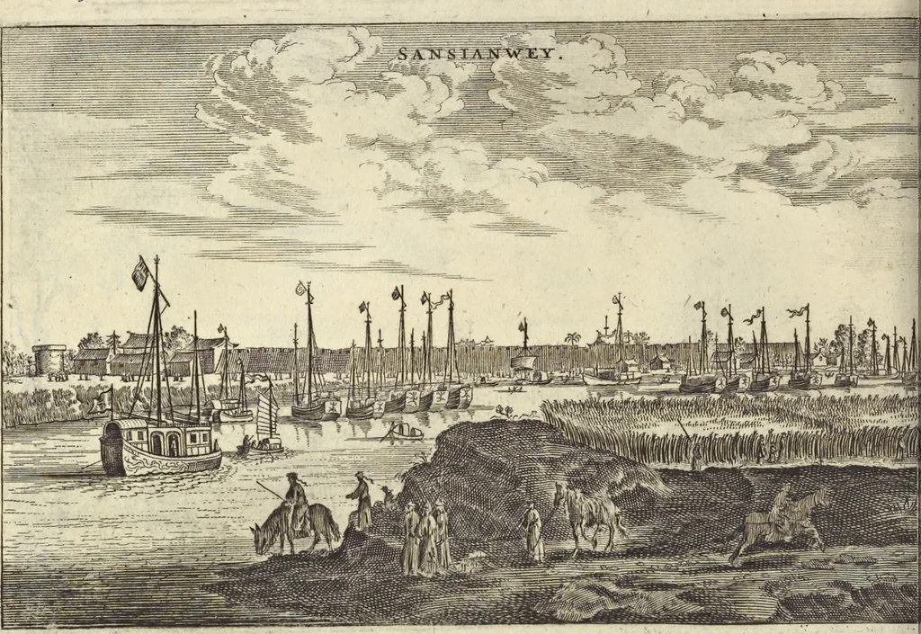 An illustration from Het gezandtschap der Neêrlandtsche Oost-Indische Compagnie, aan den grooten Tartarischen Cham, den tegenwoordigen keizer van China : waar in de gedenkwaerdigste geschiedenissen, die onder het reizen door de Sineesche landtschappen, Quantung, Kiangsi, Nanking, Xantung en Peking, en aan het keizerlyke hof te Peking, zedert den jaare 1655 tot 1657 zyn voorgevallen, op het bondigste verhandelt worden : beneffens een naauwkeurige beschryvinge der Sineesche steden, dorpen, regeering, weetenschappen, handwerken, zeden, godsdiensten, gebouwen, drachten, scheepen, bergen, gewaffen, dieren, &c. en oorlogen tegen de Tarters : verçiert met over de 150 afbeeldtsels, na 't leven in Sina, 1693, leaf 287