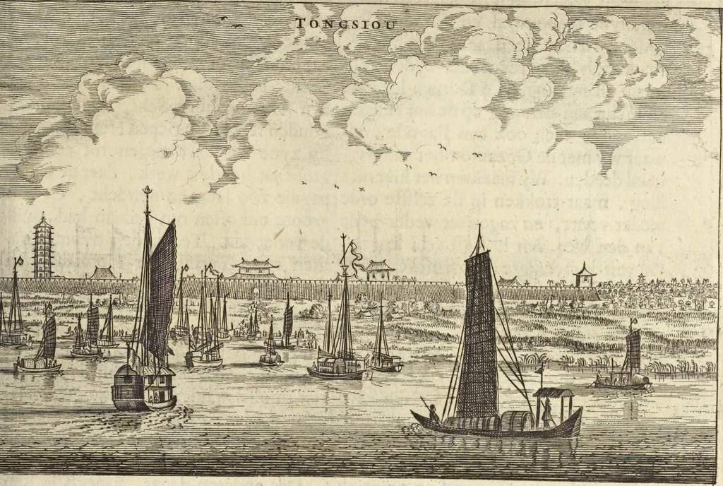 An illustration from Het gezandtschap der Neêrlandtsche Oost-Indische Compagnie, aan den grooten Tartarischen Cham, den tegenwoordigen keizer van China : waar in de gedenkwaerdigste geschiedenissen, die onder het reizen door de Sineesche landtschappen, Quantung, Kiangsi, Nanking, Xantung en Peking, en aan het keizerlyke hof te Peking, zedert den jaare 1655 tot 1657 zyn voorgevallen, op het bondigste verhandelt worden : beneffens een naauwkeurige beschryvinge der Sineesche steden, dorpen, regeering, weetenschappen, handwerken, zeden, godsdiensten, gebouwen, drachten, scheepen, bergen, gewaffen, dieren, &c. en oorlogen tegen de Tarters : verçiert met over de 150 afbeeldtsels, na 't leven in Sina, 1693, leaf 288