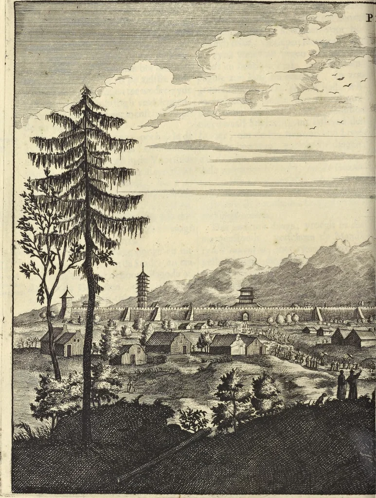 An illustration from Het gezandtschap der Neêrlandtsche Oost-Indische Compagnie, aan den grooten Tartarischen Cham, den tegenwoordigen keizer van China : waar in de gedenkwaerdigste geschiedenissen, die onder het reizen door de Sineesche landtschappen, Quantung, Kiangsi, Nanking, Xantung en Peking, en aan het keizerlyke hof te Peking, zedert den jaare 1655 tot 1657 zyn voorgevallen, op het bondigste verhandelt worden : beneffens een naauwkeurige beschryvinge der Sineesche steden, dorpen, regeering, weetenschappen, handwerken, zeden, godsdiensten, gebouwen, drachten, scheepen, bergen, gewaffen, dieren, &c. en oorlogen tegen de Tarters : verçiert met over de 150 afbeeldtsels, na 't leven in Sina, 1693, leaf 291