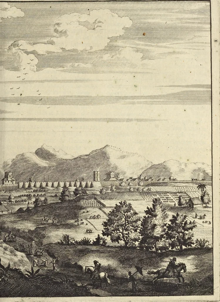 An illustration from Het gezandtschap der Neêrlandtsche Oost-Indische Compagnie, aan den grooten Tartarischen Cham, den tegenwoordigen keizer van China : waar in de gedenkwaerdigste geschiedenissen, die onder het reizen door de Sineesche landtschappen, Quantung, Kiangsi, Nanking, Xantung en Peking, en aan het keizerlyke hof te Peking, zedert den jaare 1655 tot 1657 zyn voorgevallen, op het bondigste verhandelt worden : beneffens een naauwkeurige beschryvinge der Sineesche steden, dorpen, regeering, weetenschappen, handwerken, zeden, godsdiensten, gebouwen, drachten, scheepen, bergen, gewaffen, dieren, &c. en oorlogen tegen de Tarters : verçiert met over de 150 afbeeldtsels, na 't leven in Sina, 1693, leaf 292