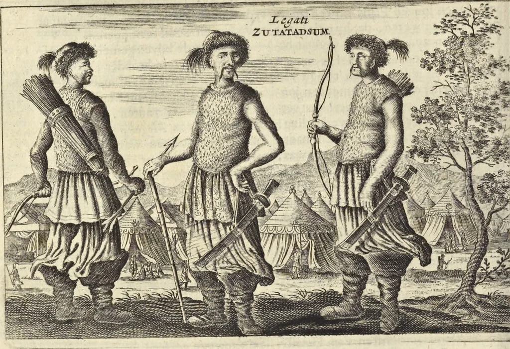 An illustration from Het gezandtschap der Neêrlandtsche Oost-Indische Compagnie, aan den grooten Tartarischen Cham, den tegenwoordigen keizer van China : waar in de gedenkwaerdigste geschiedenissen, die onder het reizen door de Sineesche landtschappen, Quantung, Kiangsi, Nanking, Xantung en Peking, en aan het keizerlyke hof te Peking, zedert den jaare 1655 tot 1657 zyn voorgevallen, op het bondigste verhandelt worden : beneffens een naauwkeurige beschryvinge der Sineesche steden, dorpen, regeering, weetenschappen, handwerken, zeden, godsdiensten, gebouwen, drachten, scheepen, bergen, gewaffen, dieren, &c. en oorlogen tegen de Tarters : verçiert met over de 150 afbeeldtsels, na 't leven in Sina, 1693, leaf 305