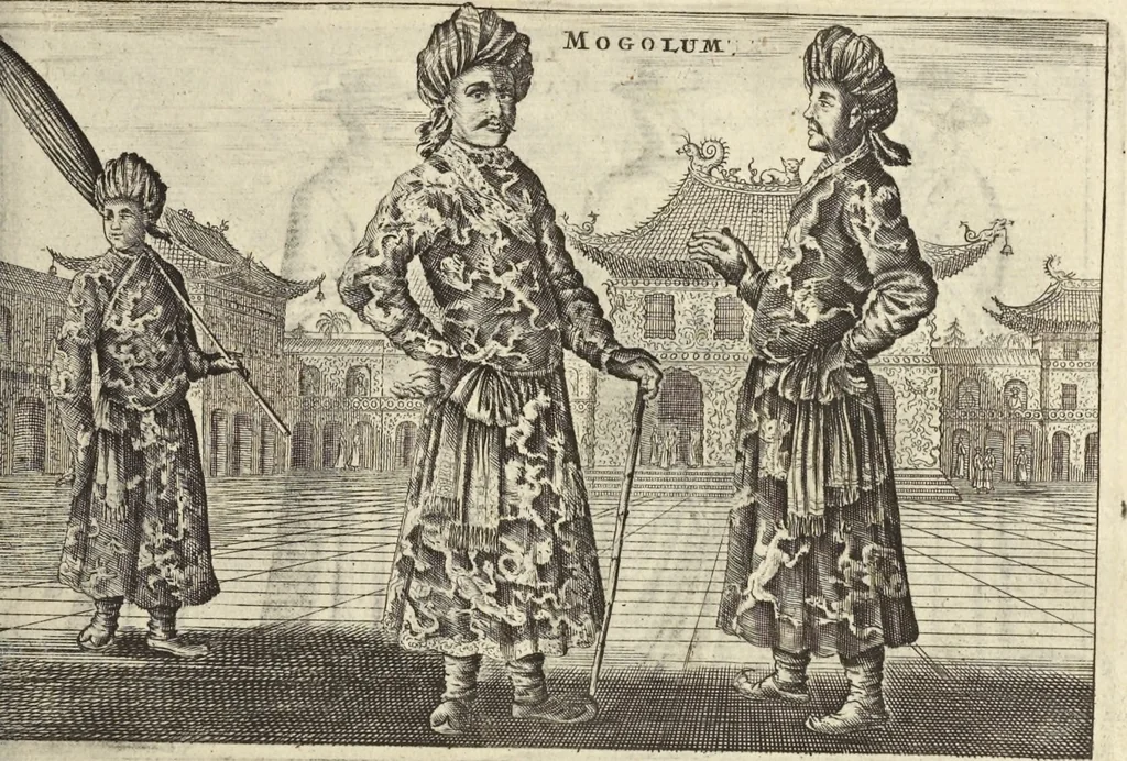 An illustration from Het gezandtschap der Neêrlandtsche Oost-Indische Compagnie, aan den grooten Tartarischen Cham, den tegenwoordigen keizer van China : waar in de gedenkwaerdigste geschiedenissen, die onder het reizen door de Sineesche landtschappen, Quantung, Kiangsi, Nanking, Xantung en Peking, en aan het keizerlyke hof te Peking, zedert den jaare 1655 tot 1657 zyn voorgevallen, op het bondigste verhandelt worden : beneffens een naauwkeurige beschryvinge der Sineesche steden, dorpen, regeering, weetenschappen, handwerken, zeden, godsdiensten, gebouwen, drachten, scheepen, bergen, gewaffen, dieren, &c. en oorlogen tegen de Tarters : verçiert met over de 150 afbeeldtsels, na 't leven in Sina, 1693, leaf 306