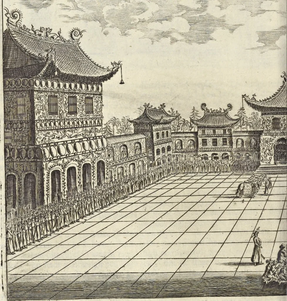 An illustration from Het gezandtschap der Neêrlandtsche Oost-Indische Compagnie, aan den grooten Tartarischen Cham, den tegenwoordigen keizer van China : waar in de gedenkwaerdigste geschiedenissen, die onder het reizen door de Sineesche landtschappen, Quantung, Kiangsi, Nanking, Xantung en Peking, en aan het keizerlyke hof te Peking, zedert den jaare 1655 tot 1657 zyn voorgevallen, op het bondigste verhandelt worden : beneffens een naauwkeurige beschryvinge der Sineesche steden, dorpen, regeering, weetenschappen, handwerken, zeden, godsdiensten, gebouwen, drachten, scheepen, bergen, gewaffen, dieren, &c. en oorlogen tegen de Tarters : verçiert met over de 150 afbeeldtsels, na 't leven in Sina, 1693, leaf 309