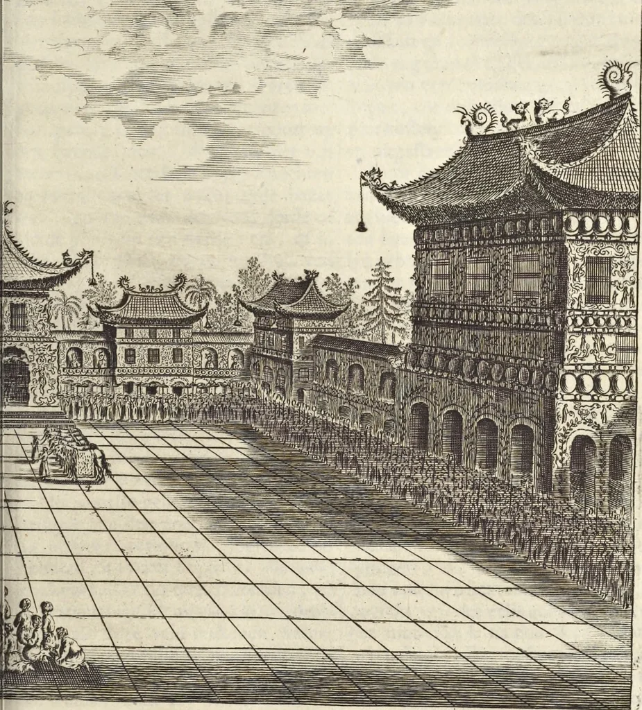 An illustration from Het gezandtschap der Neêrlandtsche Oost-Indische Compagnie, aan den grooten Tartarischen Cham, den tegenwoordigen keizer van China : waar in de gedenkwaerdigste geschiedenissen, die onder het reizen door de Sineesche landtschappen, Quantung, Kiangsi, Nanking, Xantung en Peking, en aan het keizerlyke hof te Peking, zedert den jaare 1655 tot 1657 zyn voorgevallen, op het bondigste verhandelt worden : beneffens een naauwkeurige beschryvinge der Sineesche steden, dorpen, regeering, weetenschappen, handwerken, zeden, godsdiensten, gebouwen, drachten, scheepen, bergen, gewaffen, dieren, &c. en oorlogen tegen de Tarters : verçiert met over de 150 afbeeldtsels, na 't leven in Sina, 1693, leaf 310