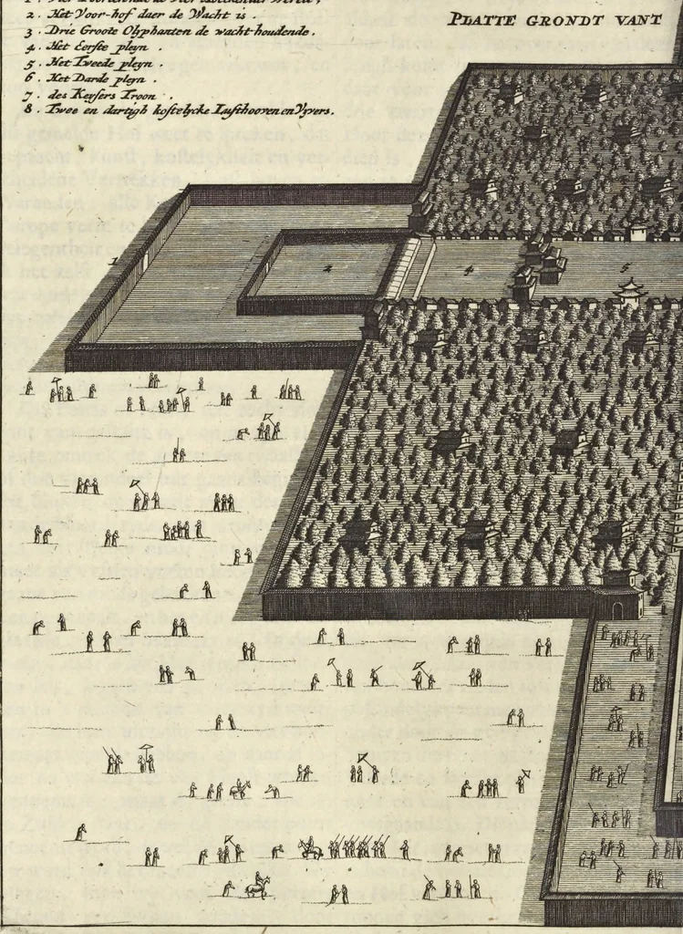 An illustration from Het gezandtschap der Neêrlandtsche Oost-Indische Compagnie, aan den grooten Tartarischen Cham, den tegenwoordigen keizer van China : waar in de gedenkwaerdigste geschiedenissen, die onder het reizen door de Sineesche landtschappen, Quantung, Kiangsi, Nanking, Xantung en Peking, en aan het keizerlyke hof te Peking, zedert den jaare 1655 tot 1657 zyn voorgevallen, op het bondigste verhandelt worden : beneffens een naauwkeurige beschryvinge der Sineesche steden, dorpen, regeering, weetenschappen, handwerken, zeden, godsdiensten, gebouwen, drachten, scheepen, bergen, gewaffen, dieren, &c. en oorlogen tegen de Tarters : verçiert met over de 150 afbeeldtsels, na 't leven in Sina, 1693, leaf 317