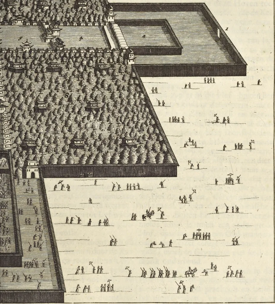 An illustration from Het gezandtschap der Neêrlandtsche Oost-Indische Compagnie, aan den grooten Tartarischen Cham, den tegenwoordigen keizer van China : waar in de gedenkwaerdigste geschiedenissen, die onder het reizen door de Sineesche landtschappen, Quantung, Kiangsi, Nanking, Xantung en Peking, en aan het keizerlyke hof te Peking, zedert den jaare 1655 tot 1657 zyn voorgevallen, op het bondigste verhandelt worden : beneffens een naauwkeurige beschryvinge der Sineesche steden, dorpen, regeering, weetenschappen, handwerken, zeden, godsdiensten, gebouwen, drachten, scheepen, bergen, gewaffen, dieren, &c. en oorlogen tegen de Tarters : verçiert met over de 150 afbeeldtsels, na 't leven in Sina, 1693, leaf 318