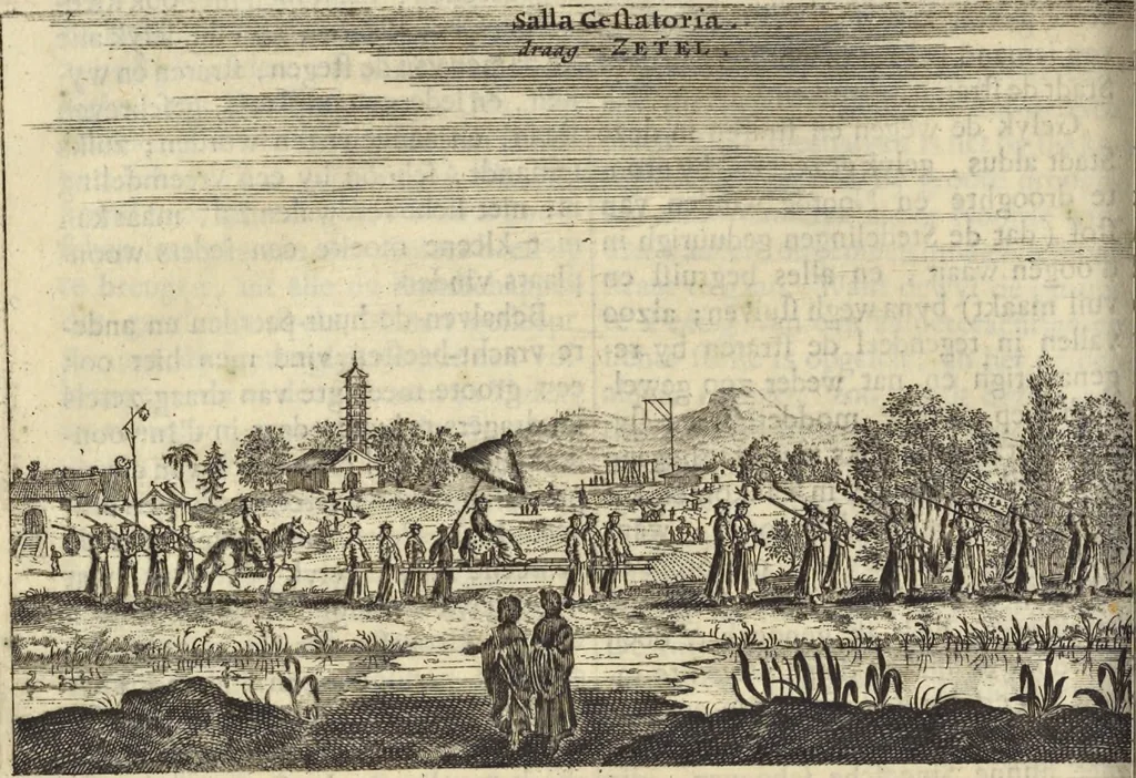 An illustration from Het gezandtschap der Neêrlandtsche Oost-Indische Compagnie, aan den grooten Tartarischen Cham, den tegenwoordigen keizer van China : waar in de gedenkwaerdigste geschiedenissen, die onder het reizen door de Sineesche landtschappen, Quantung, Kiangsi, Nanking, Xantung en Peking, en aan het keizerlyke hof te Peking, zedert den jaare 1655 tot 1657 zyn voorgevallen, op het bondigste verhandelt worden : beneffens een naauwkeurige beschryvinge der Sineesche steden, dorpen, regeering, weetenschappen, handwerken, zeden, godsdiensten, gebouwen, drachten, scheepen, bergen, gewaffen, dieren, &c. en oorlogen tegen de Tarters : verçiert met over de 150 afbeeldtsels, na 't leven in Sina, 1693, leaf 331