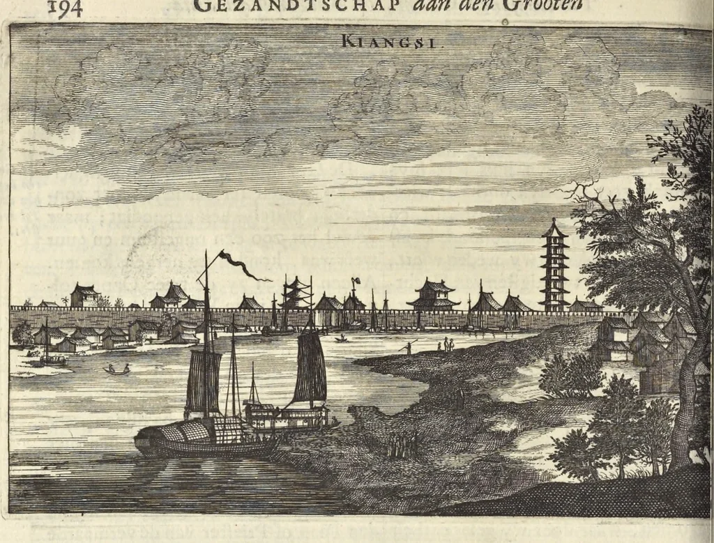 An illustration from Het gezandtschap der Neêrlandtsche Oost-Indische Compagnie, aan den grooten Tartarischen Cham, den tegenwoordigen keizer van China : waar in de gedenkwaerdigste geschiedenissen, die onder het reizen door de Sineesche landtschappen, Quantung, Kiangsi, Nanking, Xantung en Peking, en aan het keizerlyke hof te Peking, zedert den jaare 1655 tot 1657 zyn voorgevallen, op het bondigste verhandelt worden : beneffens een naauwkeurige beschryvinge der Sineesche steden, dorpen, regeering, weetenschappen, handwerken, zeden, godsdiensten, gebouwen, drachten, scheepen, bergen, gewaffen, dieren, &c. en oorlogen tegen de Tarters : verçiert met over de 150 afbeeldtsels, na 't leven in Sina, 1693, leaf 337
