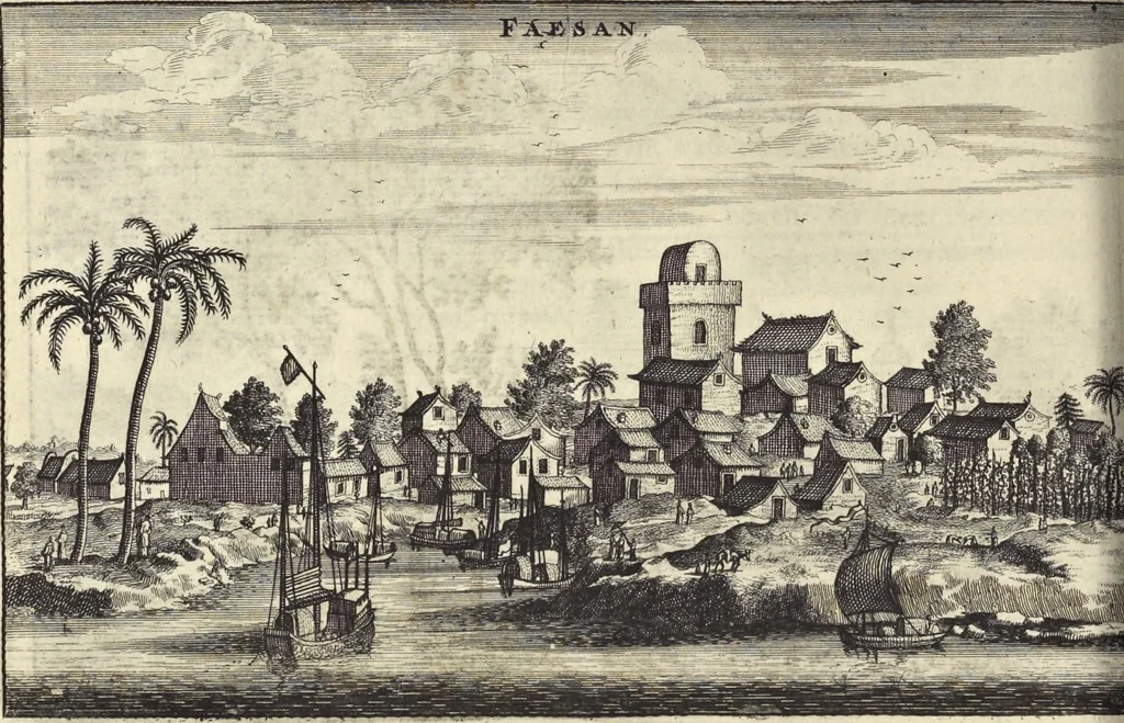 An illustration from Het gezandtschap der Neêrlandtsche Oost-Indische Compagnie, aan den grooten Tartarischen Cham, den tegenwoordigen keizer van China : waar in de gedenkwaerdigste geschiedenissen, die onder het reizen door de Sineesche landtschappen, Quantung, Kiangsi, Nanking, Xantung en Peking, en aan het keizerlyke hof te Peking, zedert den jaare 1655 tot 1657 zyn voorgevallen, op het bondigste verhandelt worden : beneffens een naauwkeurige beschryvinge der Sineesche steden, dorpen, regeering, weetenschappen, handwerken, zeden, godsdiensten, gebouwen, drachten, scheepen, bergen, gewaffen, dieren, &c. en oorlogen tegen de Tarters : verçiert met over de 150 afbeeldtsels, na 't leven in Sina, 1693, leaf 341
