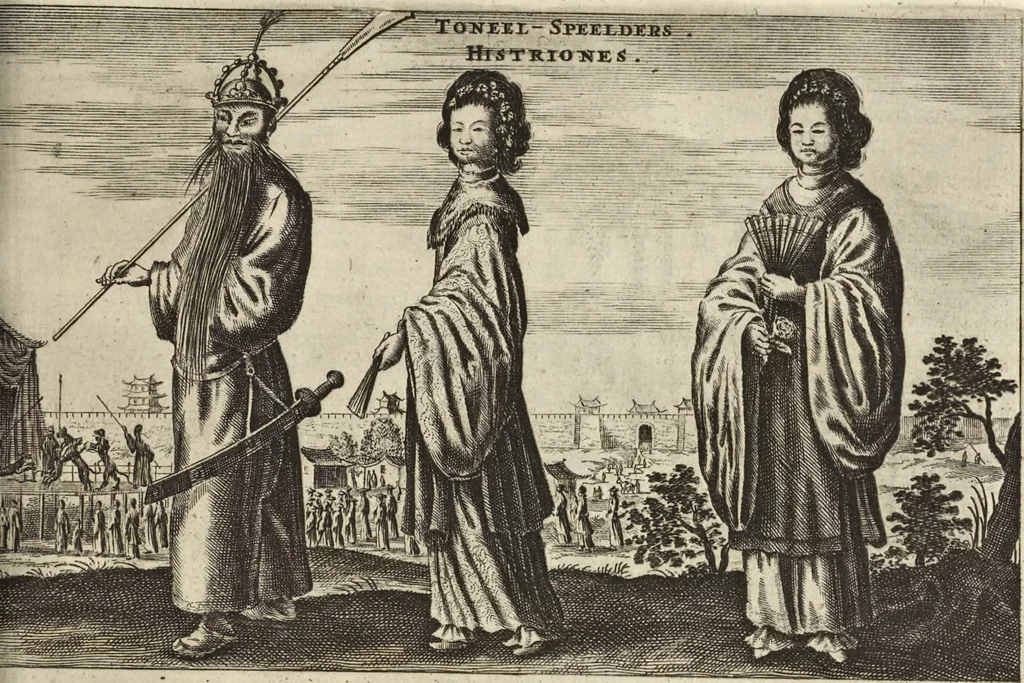 An illustration from Het gezandtschap der Neêrlandtsche Oost-Indische Compagnie, aan den grooten Tartarischen Cham, den tegenwoordigen keizer van China : waar in de gedenkwaerdigste geschiedenissen, die onder het reizen door de Sineesche landtschappen, Quantung, Kiangsi, Nanking, Xantung en Peking, en aan het keizerlyke hof te Peking, zedert den jaare 1655 tot 1657 zyn voorgevallen, op het bondigste verhandelt worden : beneffens een naauwkeurige beschryvinge der Sineesche steden, dorpen, regeering, weetenschappen, handwerken, zeden, godsdiensten, gebouwen, drachten, scheepen, bergen, gewaffen, dieren, &c. en oorlogen tegen de Tarters : verçiert met over de 150 afbeeldtsels, na 't leven in Sina, 1693, leaf 382
