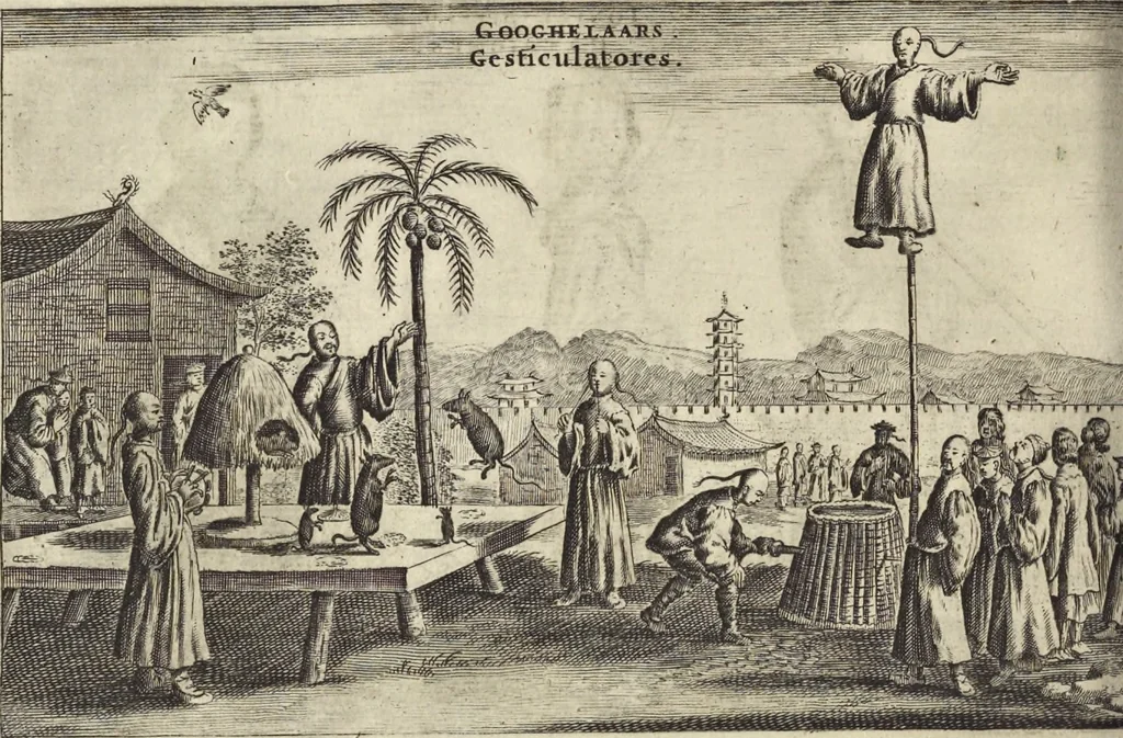 An illustration from Het gezandtschap der Neêrlandtsche Oost-Indische Compagnie, aan den grooten Tartarischen Cham, den tegenwoordigen keizer van China : waar in de gedenkwaerdigste geschiedenissen, die onder het reizen door de Sineesche landtschappen, Quantung, Kiangsi, Nanking, Xantung en Peking, en aan het keizerlyke hof te Peking, zedert den jaare 1655 tot 1657 zyn voorgevallen, op het bondigste verhandelt worden : beneffens een naauwkeurige beschryvinge der Sineesche steden, dorpen, regeering, weetenschappen, handwerken, zeden, godsdiensten, gebouwen, drachten, scheepen, bergen, gewaffen, dieren, &c. en oorlogen tegen de Tarters : verçiert met over de 150 afbeeldtsels, na 't leven in Sina, 1693, leaf 383
