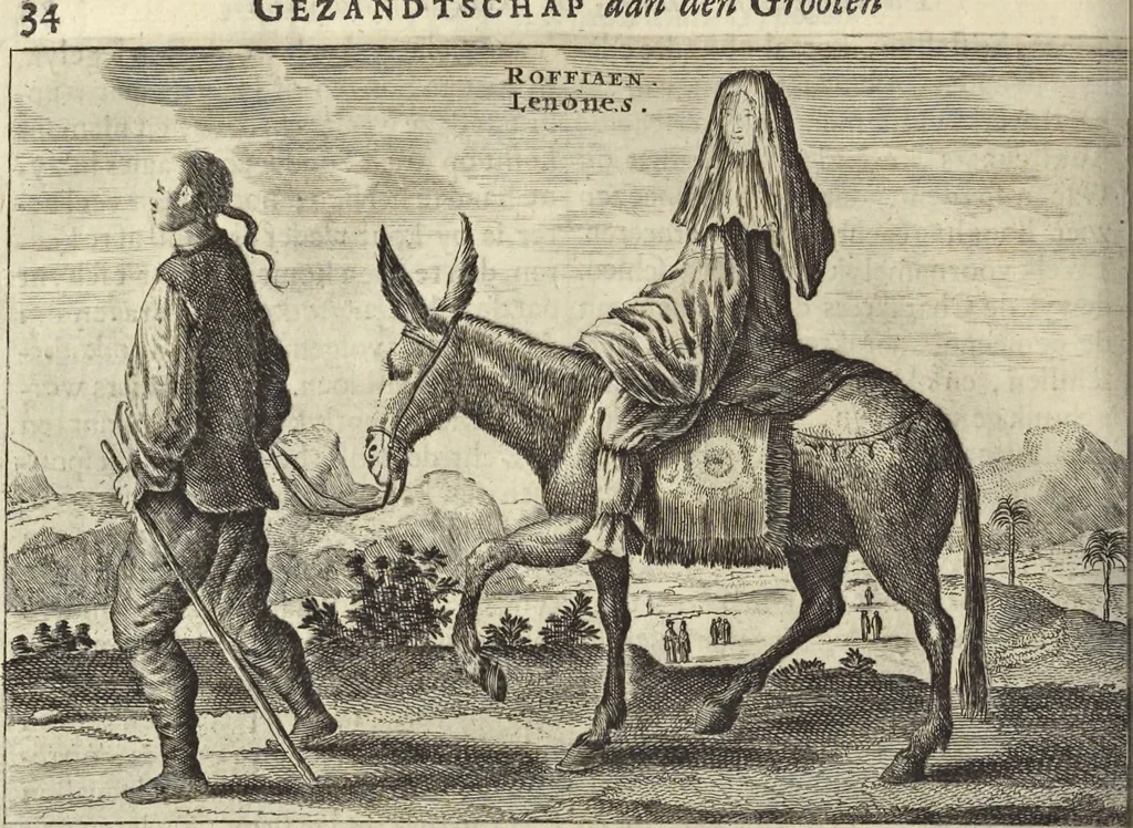 An illustration from Het gezandtschap der Neêrlandtsche Oost-Indische Compagnie, aan den grooten Tartarischen Cham, den tegenwoordigen keizer van China : waar in de gedenkwaerdigste geschiedenissen, die onder het reizen door de Sineesche landtschappen, Quantung, Kiangsi, Nanking, Xantung en Peking, en aan het keizerlyke hof te Peking, zedert den jaare 1655 tot 1657 zyn voorgevallen, op het bondigste verhandelt worden : beneffens een naauwkeurige beschryvinge der Sineesche steden, dorpen, regeering, weetenschappen, handwerken, zeden, godsdiensten, gebouwen, drachten, scheepen, bergen, gewaffen, dieren, &c. en oorlogen tegen de Tarters : verçiert met over de 150 afbeeldtsels, na 't leven in Sina, 1693, leaf 385