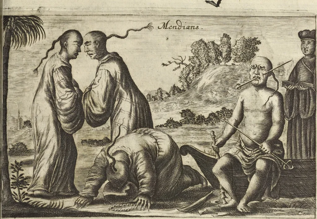 An illustration from Het gezandtschap der Neêrlandtsche Oost-Indische Compagnie, aan den grooten Tartarischen Cham, den tegenwoordigen keizer van China : waar in de gedenkwaerdigste geschiedenissen, die onder het reizen door de Sineesche landtschappen, Quantung, Kiangsi, Nanking, Xantung en Peking, en aan het keizerlyke hof te Peking, zedert den jaare 1655 tot 1657 zyn voorgevallen, op het bondigste verhandelt worden : beneffens een naauwkeurige beschryvinge der Sineesche steden, dorpen, regeering, weetenschappen, handwerken, zeden, godsdiensten, gebouwen, drachten, scheepen, bergen, gewaffen, dieren, &c. en oorlogen tegen de Tarters : verçiert met over de 150 afbeeldtsels, na 't leven in Sina, 1693, leaf 386